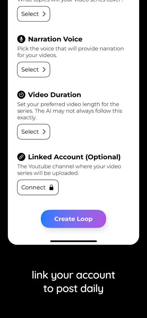 Pantalla de configuración para la creación de videos IA con opciones de voz de narración, duración del video y enlace de cuenta para publicar diariamente.