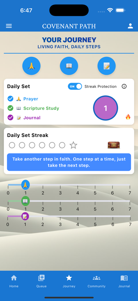 Covenant Path - Covenant Path app interface showing the spiritual habit tracker for prayer, scripture study, and journaling with a daily streak.