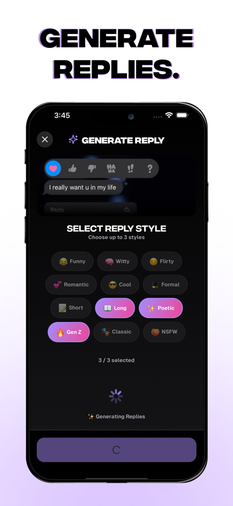 A mobile phone screen from the RizzGPT app showing various AI reply style options like funny witty flirty and gen z for dating conversations