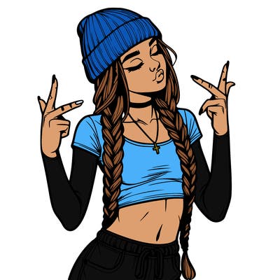 realistic teenage girl with braids and a beanie and crop top doing 🫶🏼