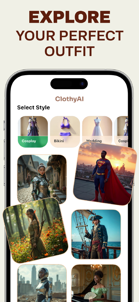 Clothy: AI Clothes Changer - Interfaz de la aplicación móvil Clothy AI que muestra varios estilos de atuendos y ejemplos de moda generados por IA.