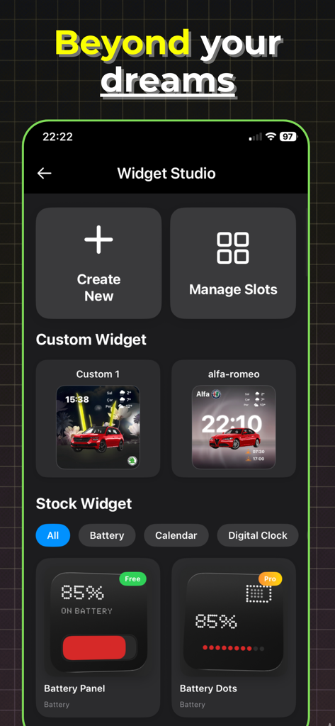 Car Widgets: AutoDash - Interfaccia dello studio widget dell'app AutoDash che mostra widget personalizzati e di serie per auto