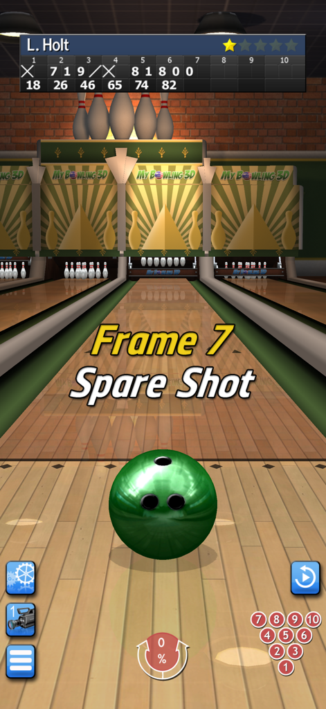My Bowling 3D - A realistic 3D view of a bowling lane with a green ball prepared for a spare shot in My Bowling 3D