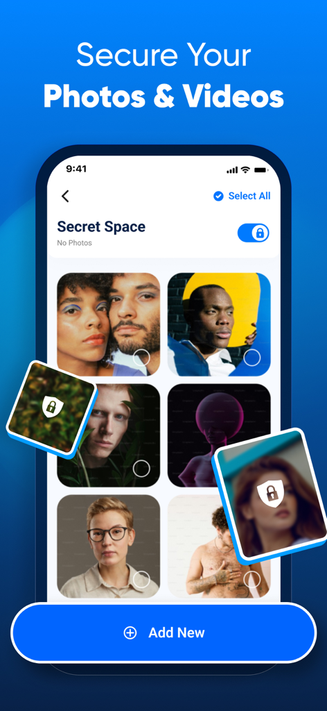 iCleaner・Clean up storage - iPhone screen showing the iCleaner app Secret Space feature used to secure private photos and videos with a lock