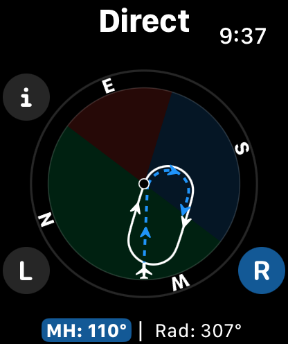 Apple Watch interface for the Hold Entry Calculator app showing a direct entry holding pattern for pilots.