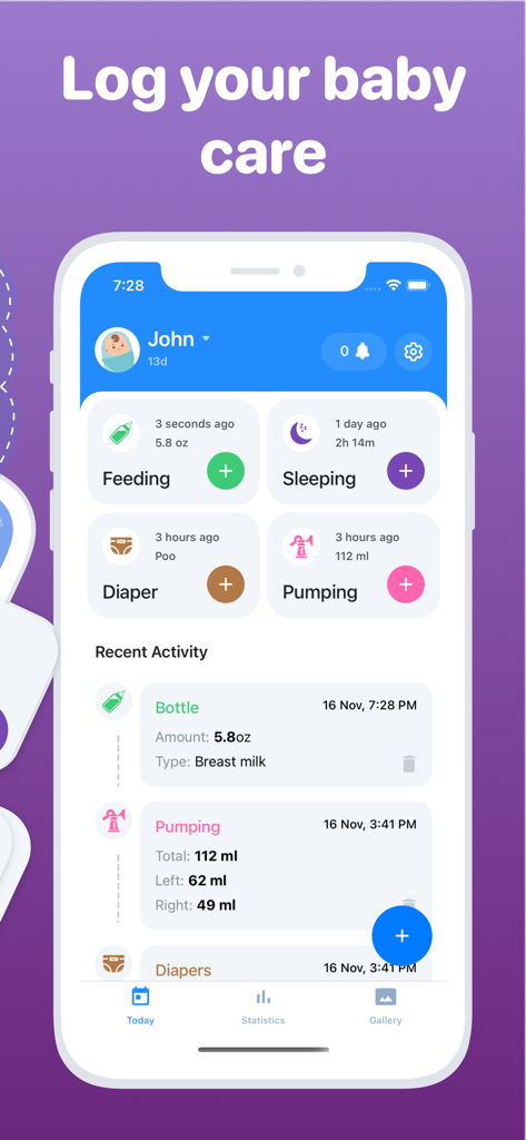 Interface do aplicativo Rastreador de Alimentação do Bebê mostrando registros de atividades recentes de alimentação, extração de leite e trocas de fraldas