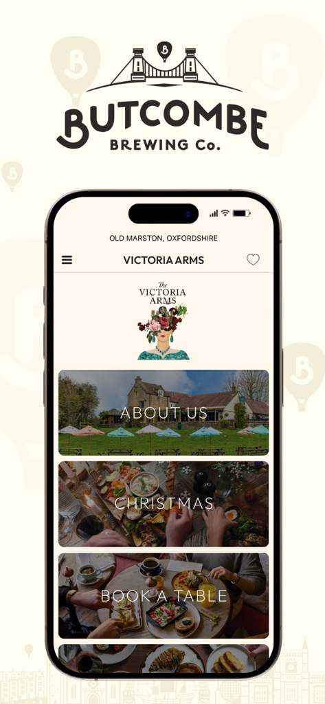 Butcombe - ButcomeモバイルアプリがVictoria Armsパブのページを表示し、私たちについてやテーブル予約のオプションがあります。