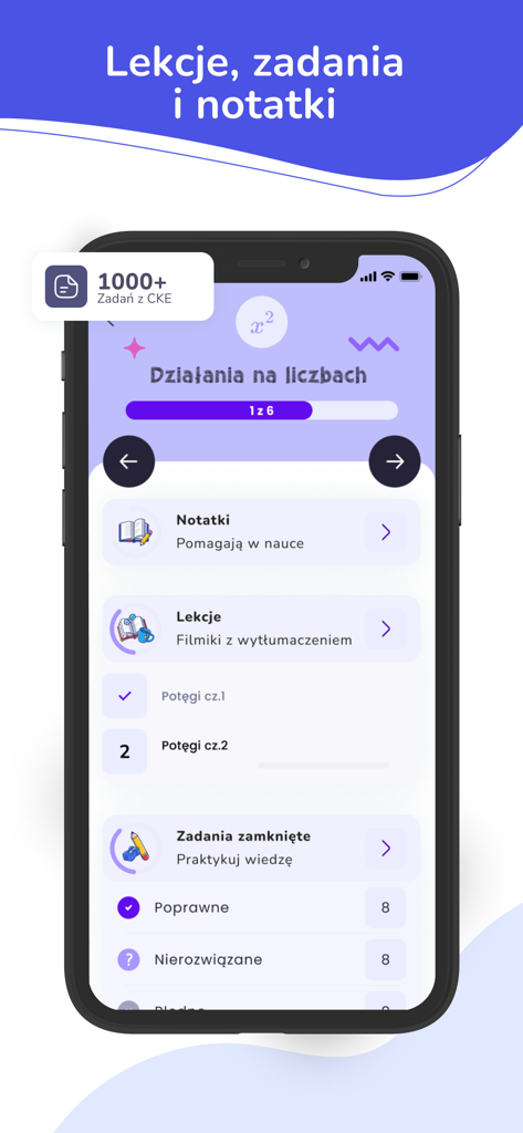 Matematyka Gryzie - Interface of the Matematyka Gryzie app showing categories for math notes, video lessons, and closed tasks