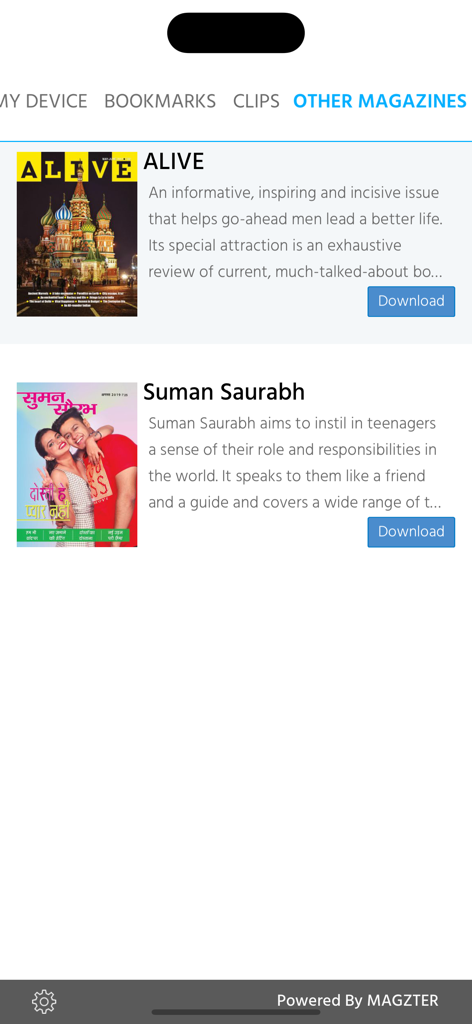 Woman's Era - A section of the Womans Era app showing other available magazines like Alive and Suman Saurabh for download.