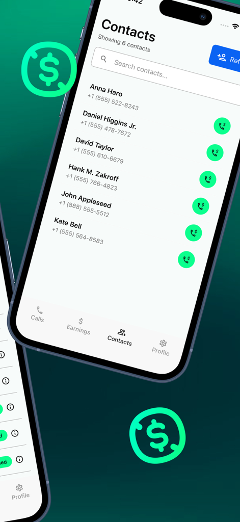 Interface of the Neon app showing a contacts list with green dollar icons for paid calling.