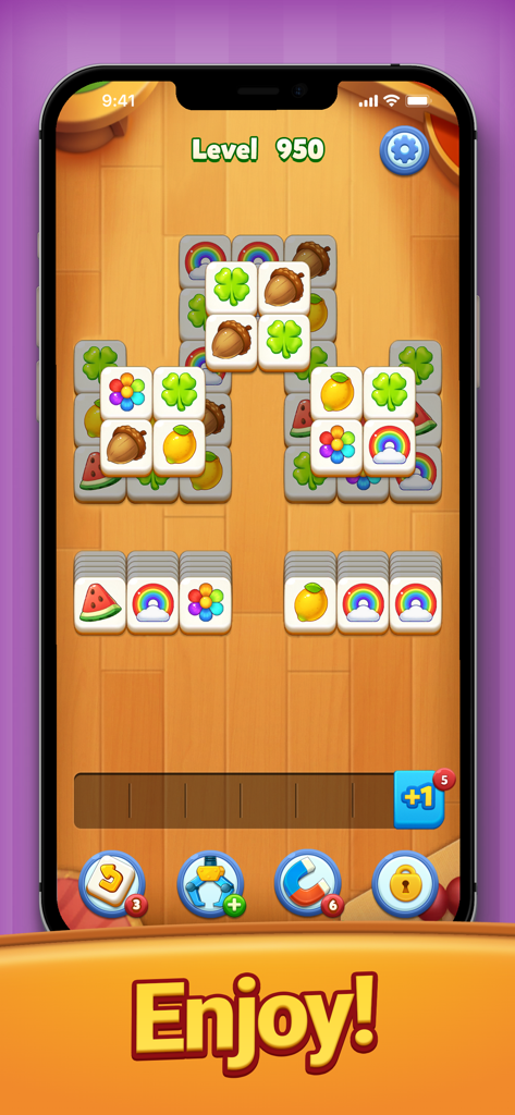 Tile Family®:Match Puzzle Game - A gameplay screenshot of Tile Family Match Puzzle Game showing level 950 with colorful fruit and nature tiles on a wooden board.