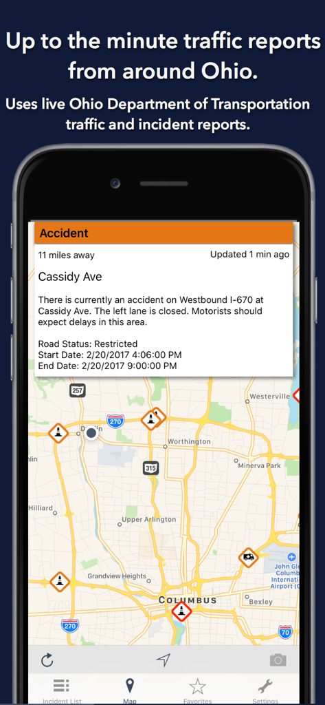 A mobile phone screen displaying a live traffic map of Columbus Ohio with an active accident report alert.
