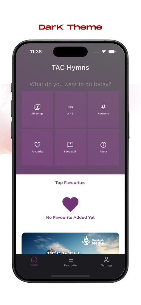 Home screen of The Apostolic Hymns app in dark mode featuring navigation icons for songs, numbers, and favorites.