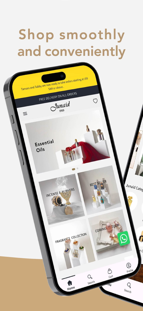 Startbildschirm der Junaid Perfumes Mobile App, die Duftkollektionen und ätherische Öle anzeigt