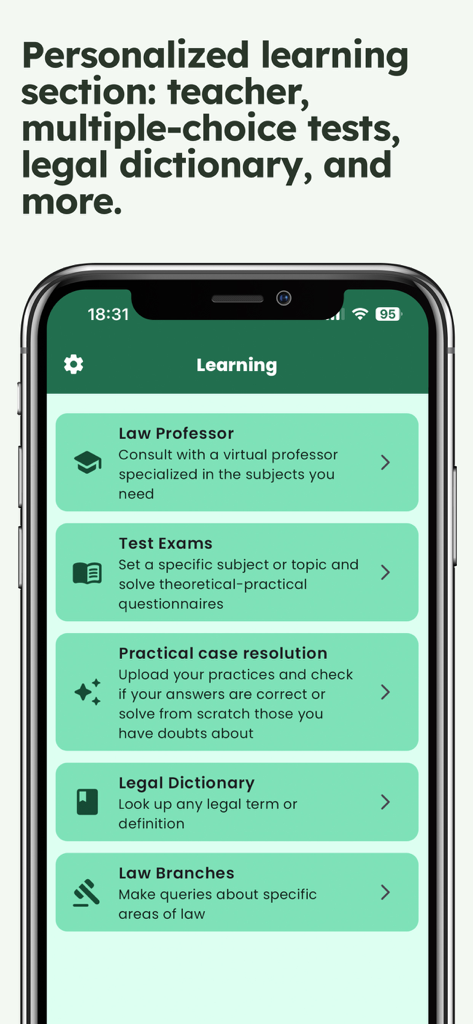 Legal AI Assistant: Law Help - Mobile interface of the Legal AI Assistant showing study tools including a law professor and legal dictionary.