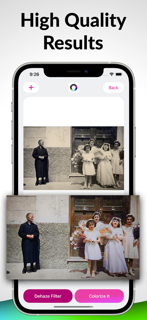 Image Colorize - Old Photos AI - Before and after comparison of a vintage family photo colorized using AI in the Image Colorize app