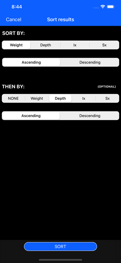 Steel Beams Bulk Checker - Sort results interface in the Steel Beams Bulk Checker app with options for weight and depth