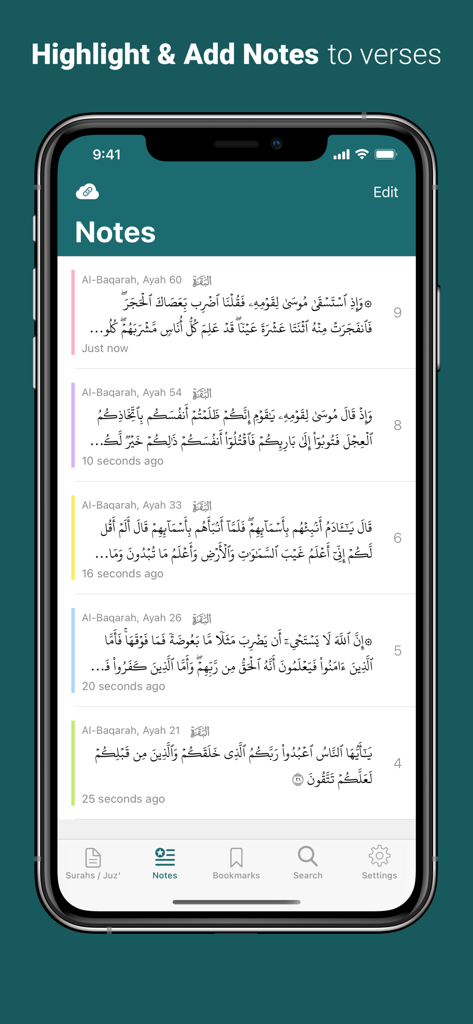 Smartphone screen showing the highlight and add notes feature in the Quran by Quran.com app