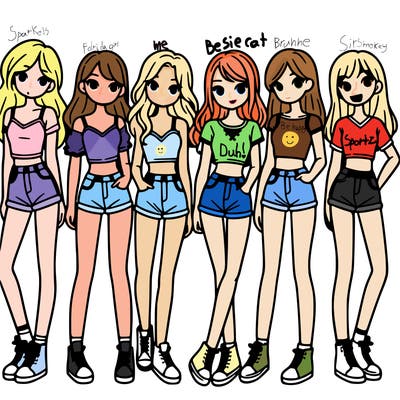 a group of girls wearing crop tops and shorts