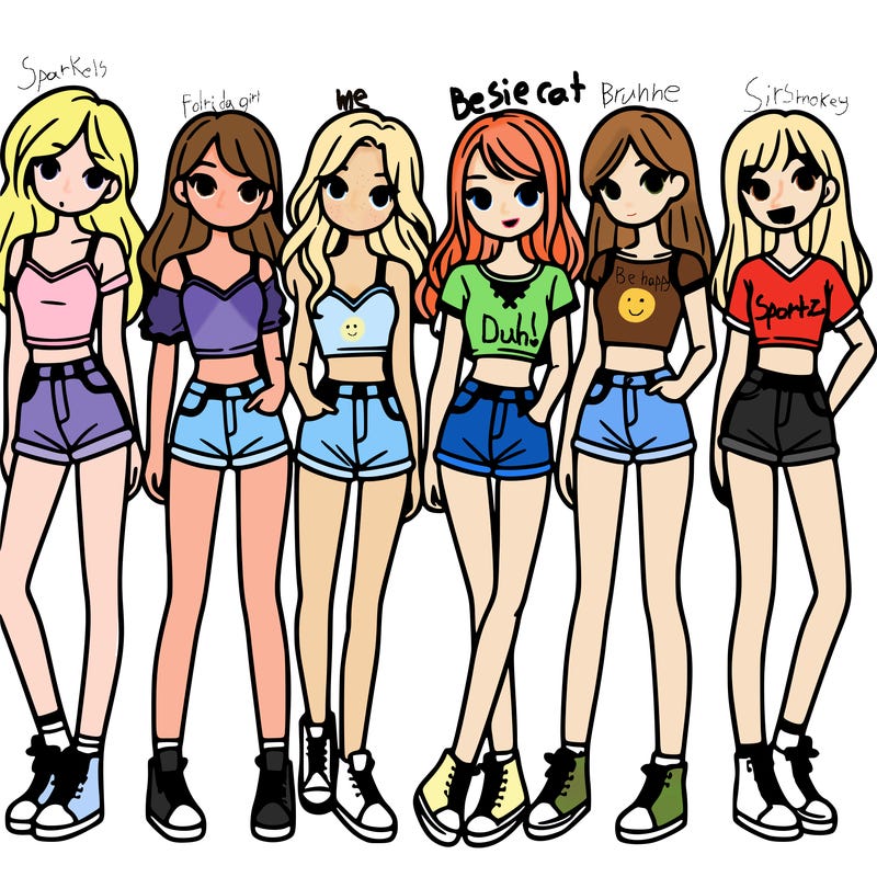 a group of girls wearing crop tops and shorts