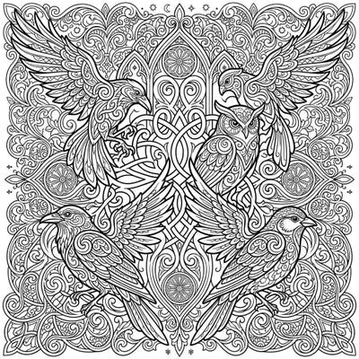 Discover the enchanting fusion of Celtic knotwork and Gothic elegance in this unique coloring page. Featuring majestic birds intricately woven into dark, ornate patterns and dramatic shadows, it's a perfect challenge for creative colorists.