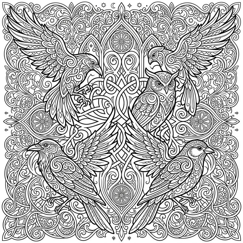 Discover the enchanting fusion of Celtic knotwork and Gothic elegance in this unique coloring page. Featuring majestic birds intricately woven into dark, ornate patterns and dramatic shadows, it's a perfect challenge for creative colorists.
