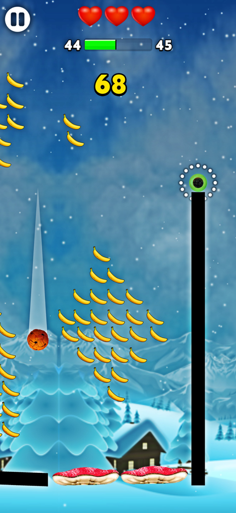 Monkey Hook - No Wifi Game - Captura de pantalla del nivel de montaña invernal del juego móvil Monkey Hook con un personaje recogiendo plátanos sobre plataformas con forma de seta