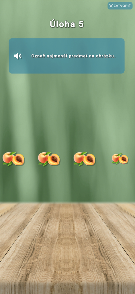 Mind-Fit - Schermata del test cognitivo dell'app Mind-Fit che chiede all'utente di identificare l'oggetto più piccolo tra quattro pesche