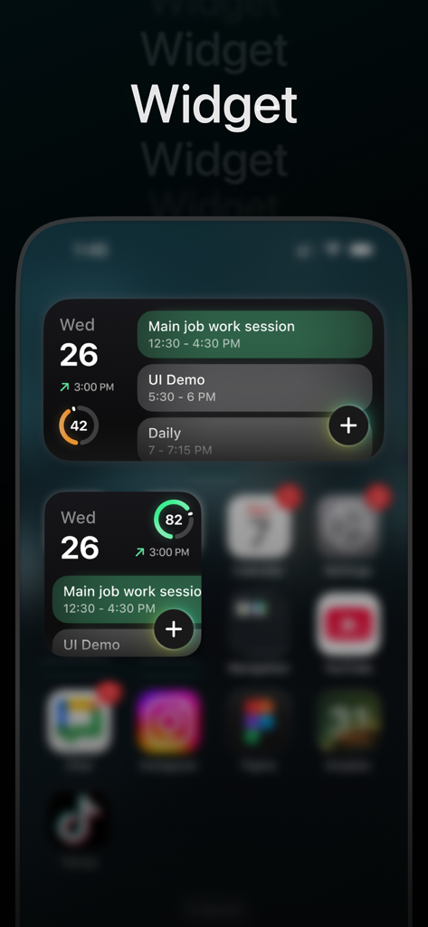 Exoplan: energy-aware calendar - Two Exoplan widgets on an iPhone home screen displaying a daily schedule with energy levels and task blocks.
