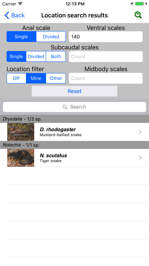 Snakes of Australia - Interface of the Snakes of Australia app showing snake identification filters for scales and location