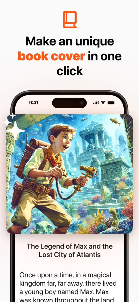 Poetry AI: Poem Writing - Pantalla de la aplicación móvil que muestra la portada de un libro generado y el comienzo de una historia titulada La Leyenda de Max y la Ciudad Perdida de Atlantis.