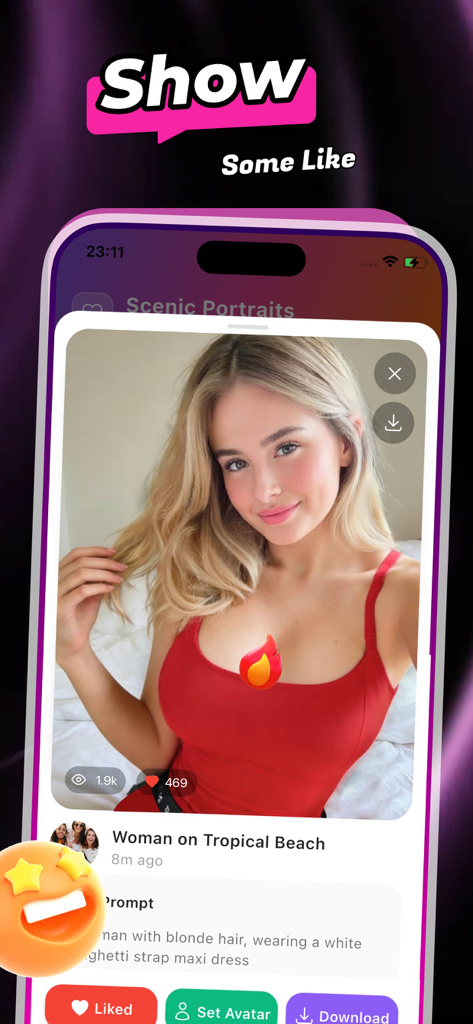 Umee - Connect & Fun - Interface of Umee app showing an AI generated portrait of a woman with social media engagement icons and travel prompts