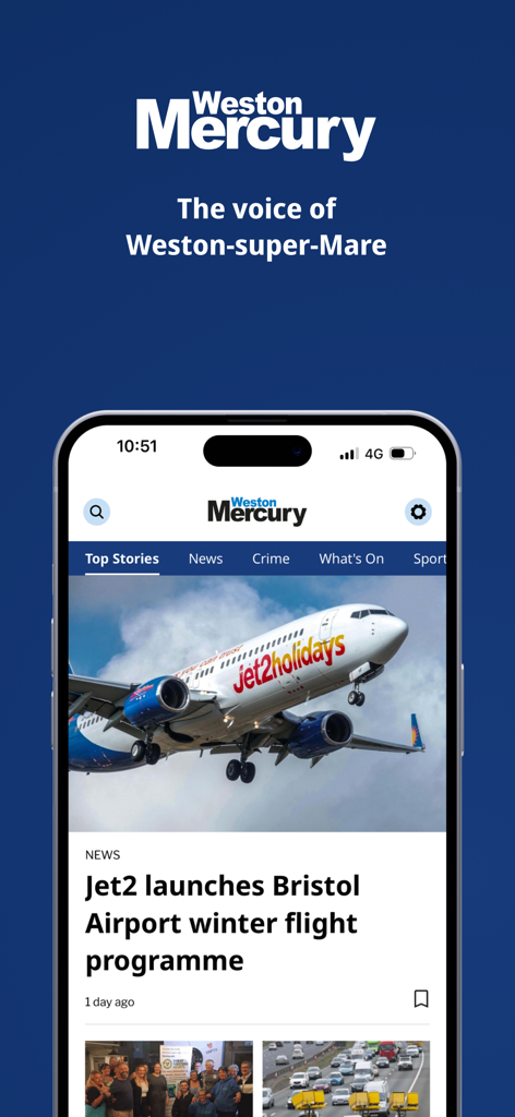 Weston Mercury mobile app showing local news stories and a Jet2 airplane article.