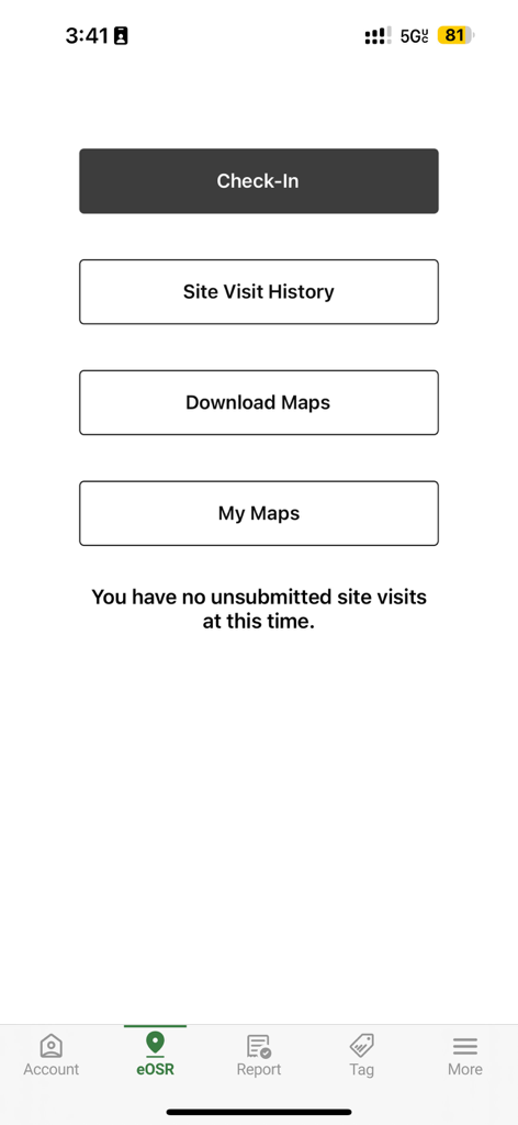 Electronic Onsite Registration screen of the Texas Hunt and Fish app with check in and map download options
