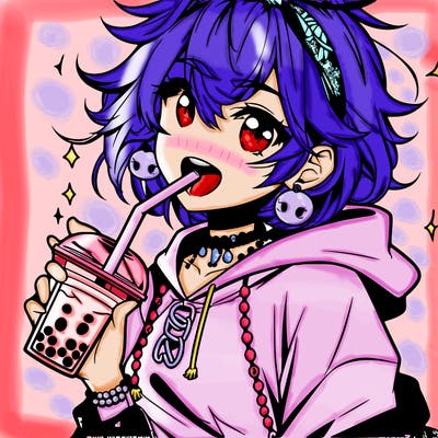 hot baddie anime girl drinking boba and biting the straw