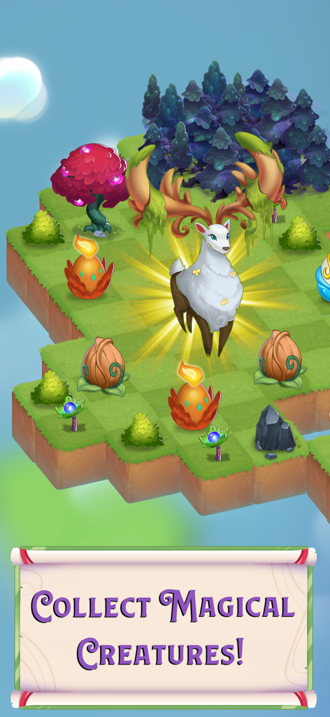 Merge Magic! - A white stag with glowing antlers in a magical garden with the text Collect Magical Creatures
