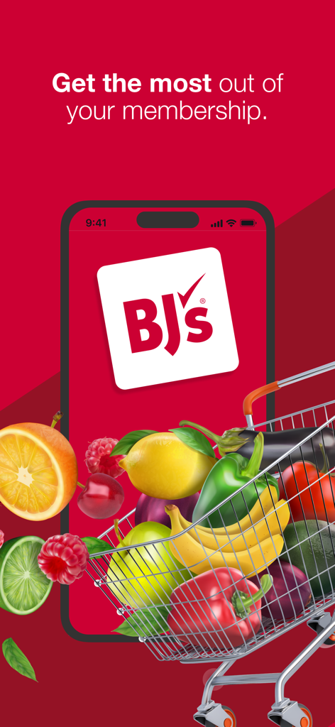BJs Wholesale Club - Startbildschirm der BJs Wholesale Club App mit einem Einkaufswagen voller frischem Obst und Gemüse