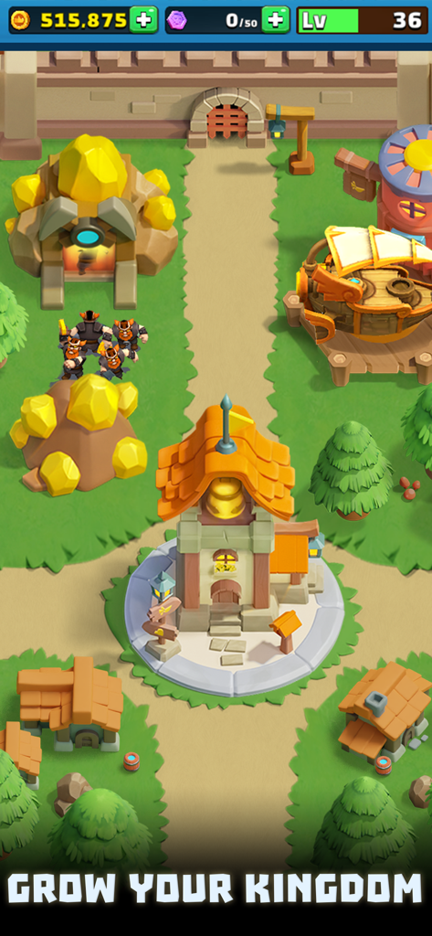 Wild Castle: Tower Defense TD - Captura de pantalla del juego de Wild Castle Tower Defense mostrando la construcción del reino y la gestión de recursos