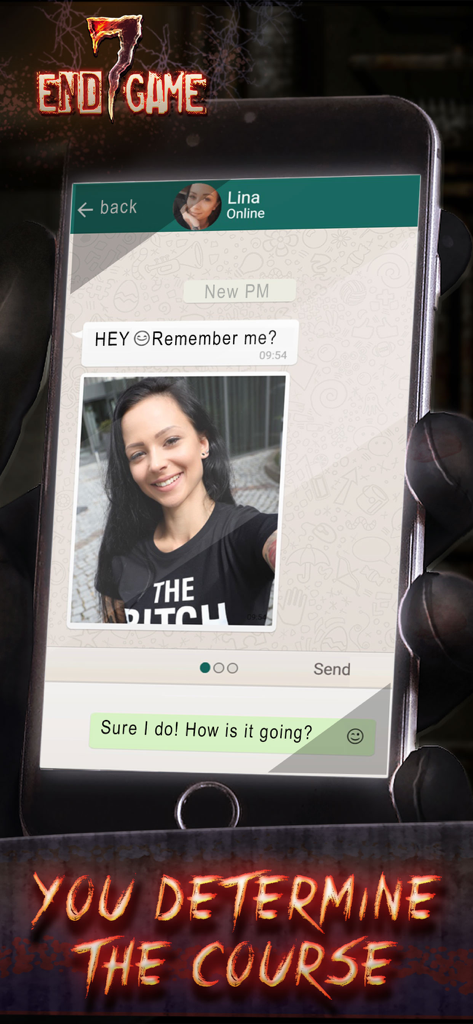 Seven - Endgame - Seven Endgame interactive thriller chat interface showing a character photo and player message options