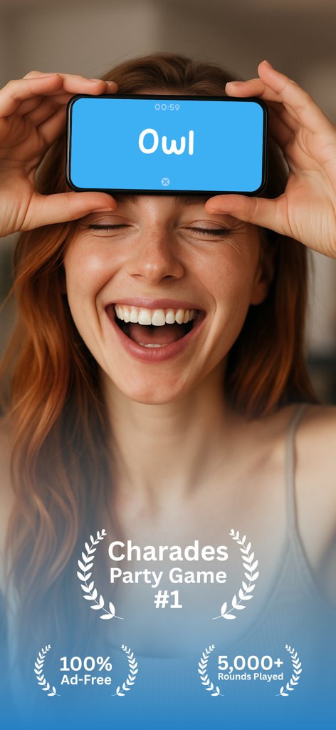 Charades: Guess the Word Game - A happy woman playing the Charades Guess the Word Game by holding a phone to her forehead