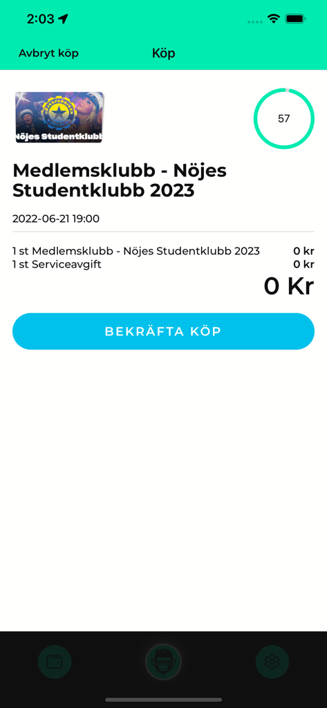 VIP Monkey App-Checkout-Bildschirm für die Bestätigung eines Kaufs einer Studentenmitgliedschaft.