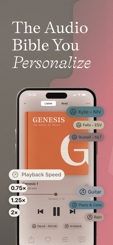 Interface of Dwell Audio Bible showing voice, music and speed customization options
