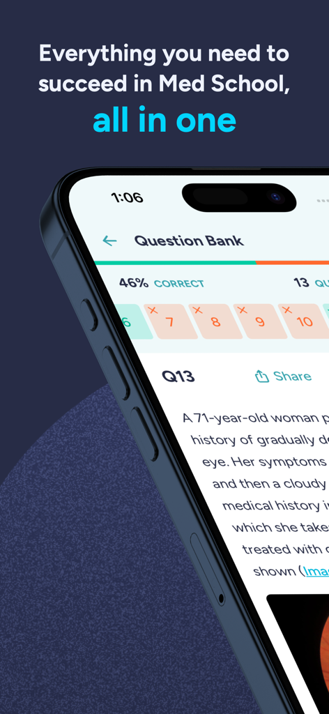 eMedici Medical Education - eMedici医学教育アプリのインターフェイス。臨床質問バンクと症例スタディが表示されています。