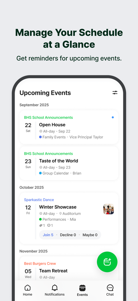 Interface of the BAND app displaying a shared schedule for community groups including school events and team retreats.