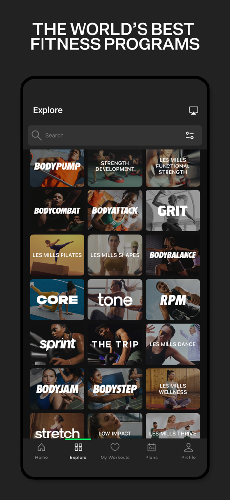 LES MILLS plus app explore screen showing a grid of fitness programs including Bodypump Bodycombat and Pilates
