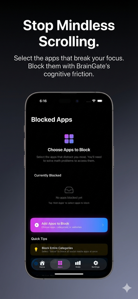 BrainGate: Focus Math Blocker - Interfaz de la aplicación BrainGate que muestra la pantalla de configuración para elegir y bloquear aplicaciones móviles que distraen