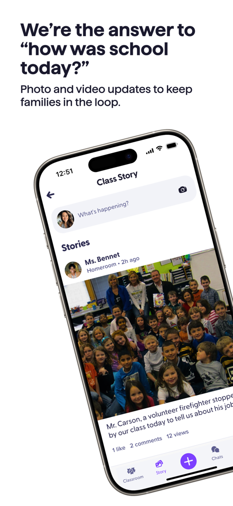 ClassDojo - Smartphone showing the ClassDojo app interface with classroom photo and video updates for parents