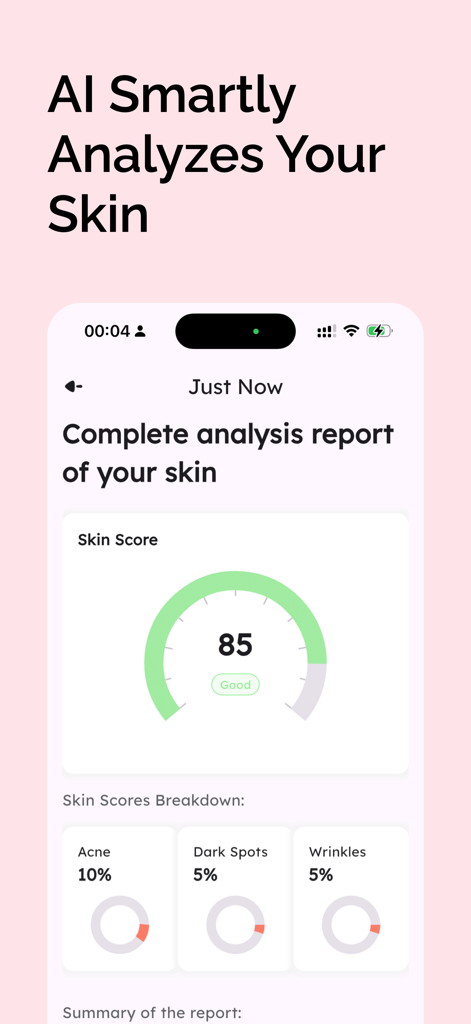 Glow AI:Face Care Routine - Un informe detallado de análisis de la piel de la aplicación Glow AI que muestra una puntuación de piel de 85 y un desglose de acné, manchas oscuras y arrugas.