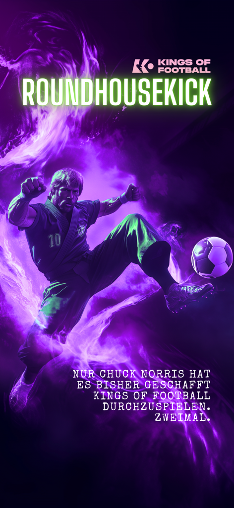 KINGS OF FOOTBALL - KoF - Un personaje realizando una poderosa patada giratoria sobre un balón de fútbol contra un fondo morado ardiente para el juego Kings of Football.