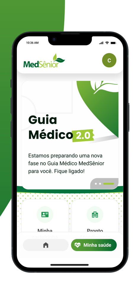 Startbildschirm der MedSenior Leistungsempfänger-App mit der Aktualisierung des medizinischen Leitfadens 2.0 und Optionen zur Gesundheitsverwaltung.